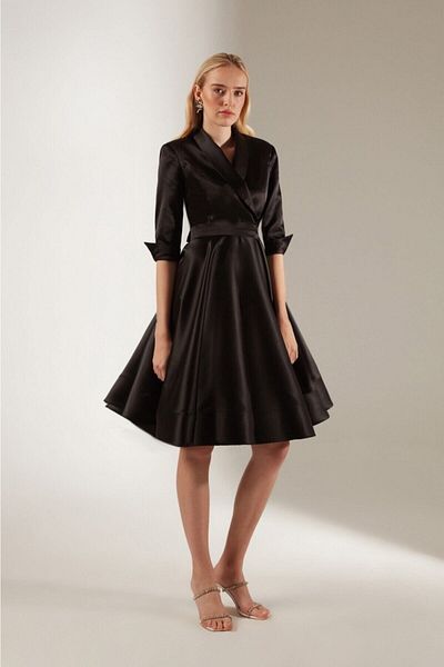 BETTY & SAM Women's Flounce Double Breasted Black Satin Dress