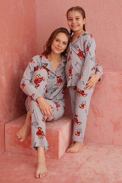 ELİTOL Gray Bear Patterned Front Buttoned Suede Pajama Set