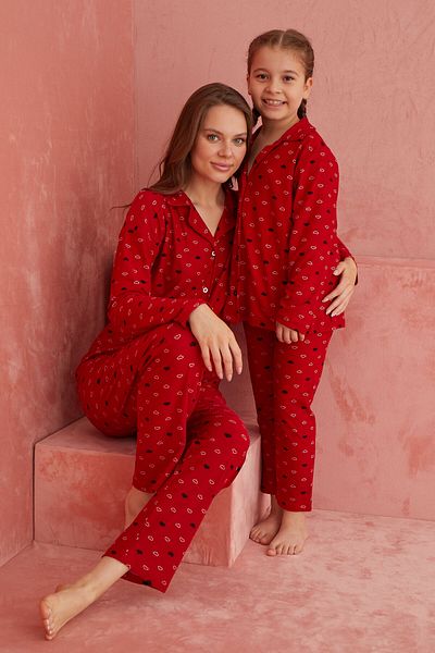 ELİTOL Red Suede Pajama Set - Long, Heart Pattern, Button Front, N