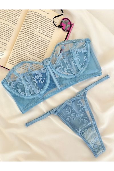 Arinda Candice Baby Blue Embroidery Underwire Capless Adjustable Bustier Set