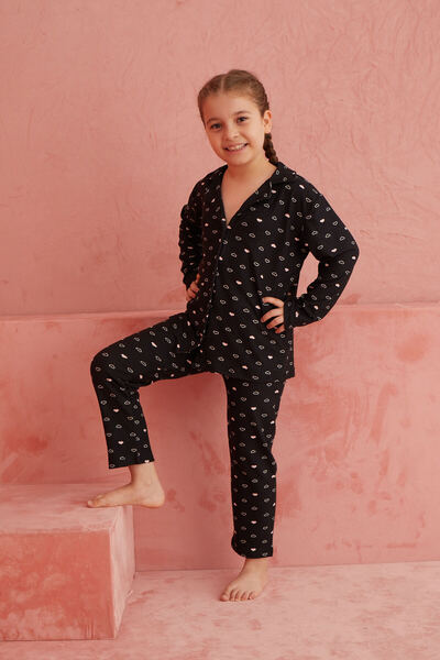 ELİTOL Siyah Kalp Desenli Önden Düğmeli Süet Pijama Takım