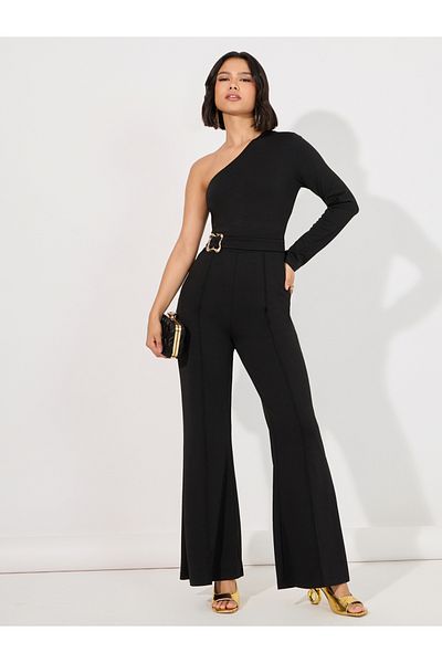 Styli One Shoulder Neck Knit Jumpsuit with Metal Buckle Detail