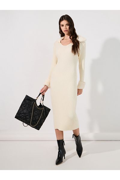 Styli Faux Fur Trim Ribbed Long Sleeve Midi Dress
