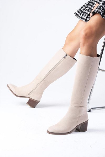 Mio Gusto Albertine Beige Color Zippered, Thin Artificial Lined Thick Heeled Women's Boots