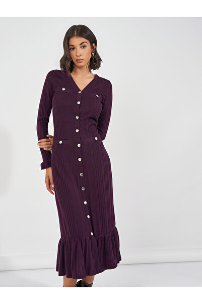 Styli Textured Knit Sweater Midi Dress with Button Detail