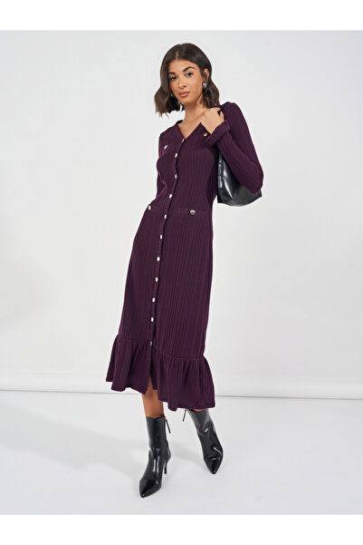 Styli Textured Knit Sweater Midi Dress with Button Detail