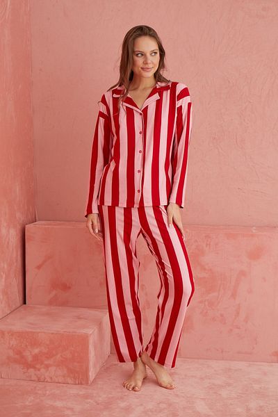 ELİTOL Pink-Red Striped Patterned Front Buttoned Suede Pajama Set