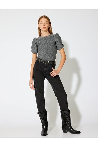 Koton Crew Neck Viscose Blend Short Balloon Sleeve Blouse