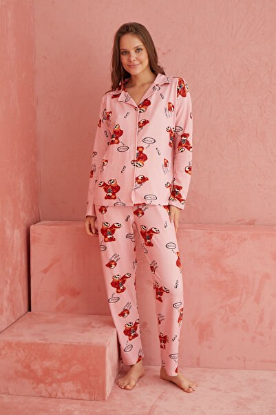 ELİTOL Pembe Ayı Desenli Önden Düğmeli Süet Pijama Takım