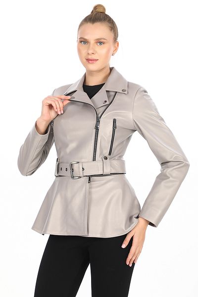 besmoda Women's Gray Long-Short Use Piece Genuine Leather Coat Jacket