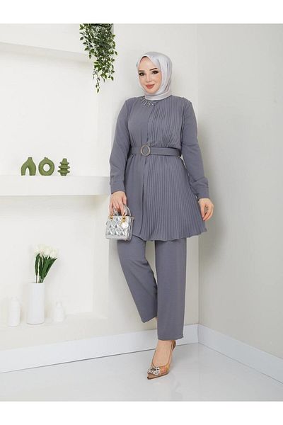 moda periy Women's Jewelled Collar Pleated Tunic Pants Suit Hijab Combination