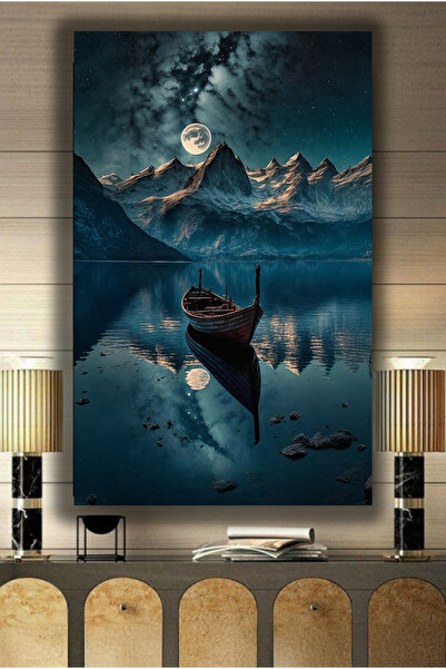 TRADE AYS Gece Mavi Kayık Dekoratif Kanvas Duvar Tablo