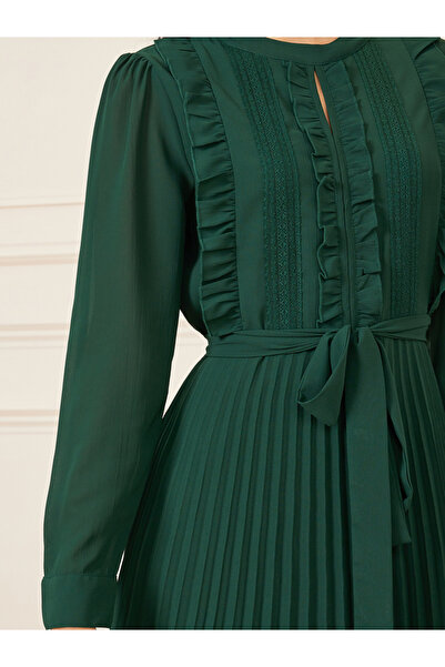 Styli Ruffle Detail Pleated A-Line Maxi Dress with Self Tie Up