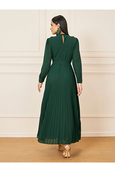 Styli Ruffle Detail Pleated A-Line Maxi Dress with Self Tie Up