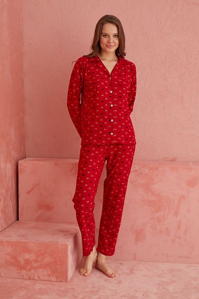 ELİTOL Red Suede Pajama Set - Long, Heart Pattern, Button Front, N