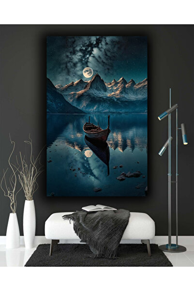 TRADE AYS Gece Mavi Kayık Dekoratif Kanvas Duvar Tablo