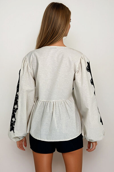 VAGGON Bluzka damska z koronką haftowaną w kolorze ecru Prm1163