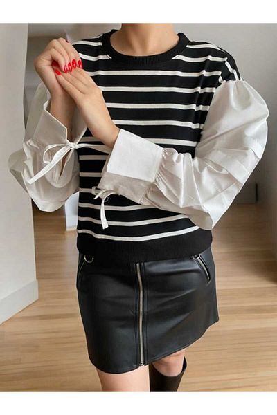 BEBE PLUS Sleeve Detail Striped Blouse