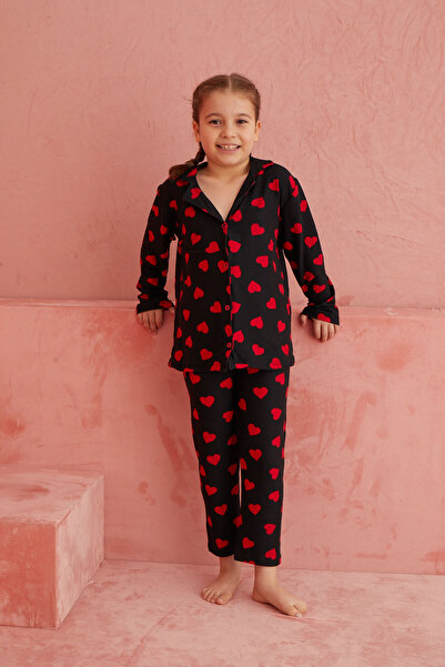 ELİTOL Set de pijamale din piele intoarsa cu nasturi in fata cu model inima neagra