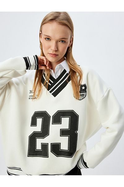 Koton V-Neck Ribbed College Printed Raised Oversize Sweatshirt