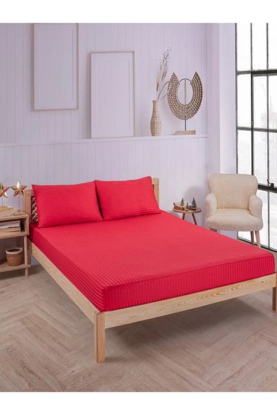 Mrs.Gugar Red Cotton Striped Satin Elastic Sheet Set Single + 1 Pillowcase