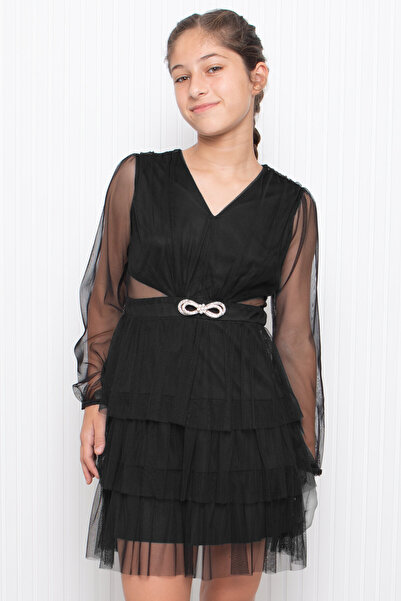 DENİMİNİ Kız Çocuk Abiye Mezuniyet Elbisesi Tül Taş Aksesuar Detaylı Dnm358