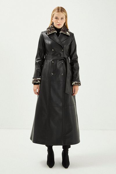 Zühre Fur Collar Pocket Detailed Black Leather Trench Coat 13008