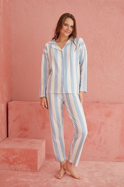 ELİTOL Ecru-Blue Striped Patterned Front Buttoned Suede Pajama Set