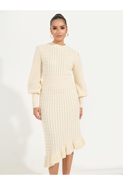 Styli Asymmetric Hem Textured Sweater Midi Dress