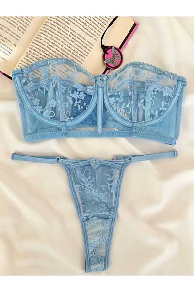 Arinda Candice Baby Blue Embroidery Underwire Capless Adjustable Bustier Set