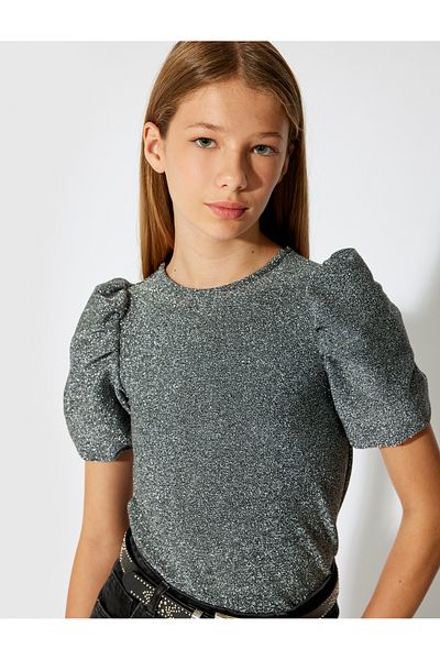 Koton Crew Neck Viscose Blend Short Balloon Sleeve Blouse
