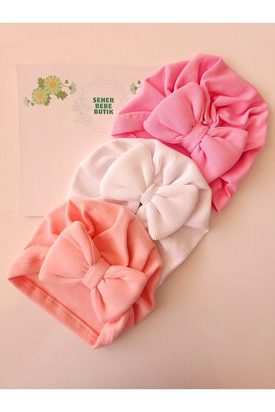 SeherBebeButik Baby Girl & Child Bow Bonnet Set Soft-Cotton-Flexible 3-Piece Set