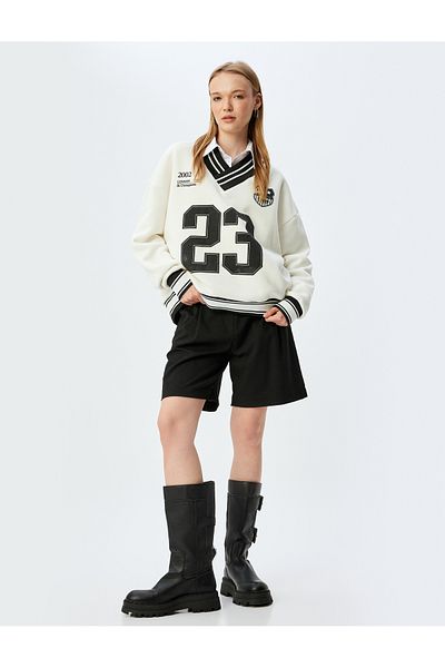 Koton V-Neck Ribbed College Printed Raised Oversize Sweatshirt