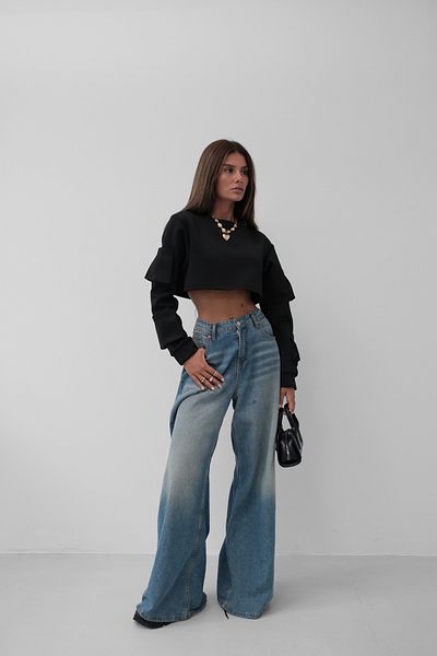 Black Fashion Pocket Detail Black Crop Sweat