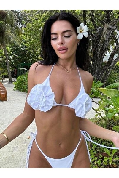 theanemos Beyaz Gül Detaylı Bikini Takımı
