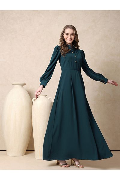 Mish By Styli Mandarin Collar Front Button Maxi Dress