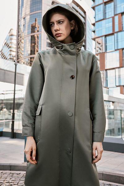 Zühre Khaki Hooded Trench Coat 13612 - Pocket Detailed