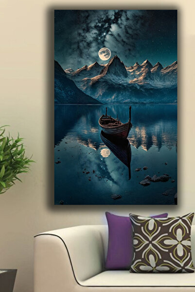 TRADE AYS Gece Mavi Kayık Dekoratif Kanvas Duvar Tablo
