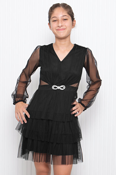 DENİMİNİ Kız Çocuk Abiye Mezuniyet Elbisesi Tül Taş Aksesuar Detaylı Dnm358