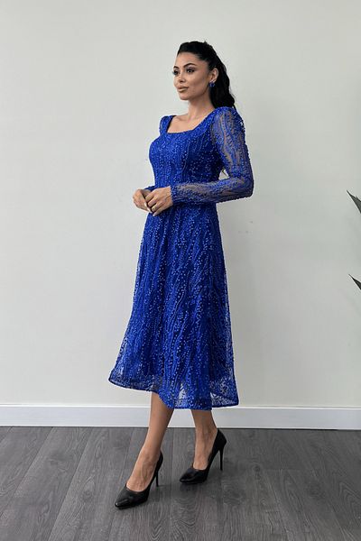 giyimmasalı Tulle Glitter Fabric Square Collar Midi Evening Dress - Sax Blue