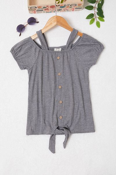 Cansın Mini Gray Shoulder Strap Button Detailed Girl's T-shirt 17606