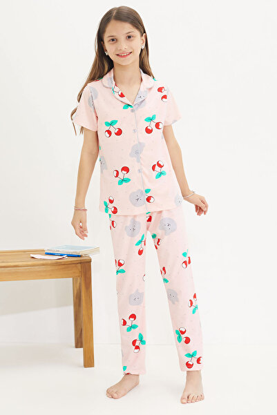 Cansın Mini Cherry Patterned Short Sleeve Girl's Eye Patch Pajamas Set 18654