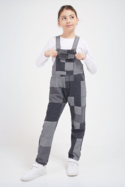Cansın Mini Gray Square Patterned Girl's Jean Salopet Jumpsuit 17611