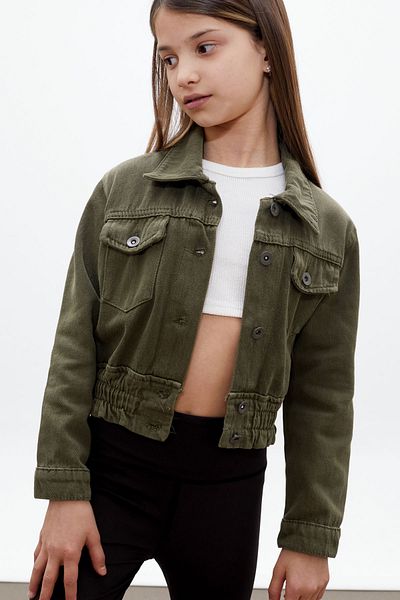 Cansın Mini Khaki Buttoned Girl's Jeans Jacket with Gathered Waist 18314