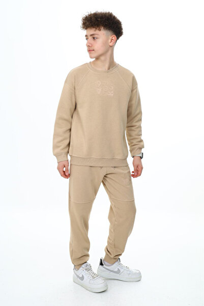 Cansın Mini Σετ αθλητικής φόρμας μπεζ για αγόρι - Crew Neck, Text Printed 19347