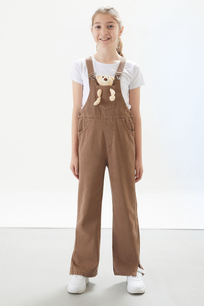 Cansın Mini Brown Teddy Bear Pocket Slit Girl's Overalls 17712