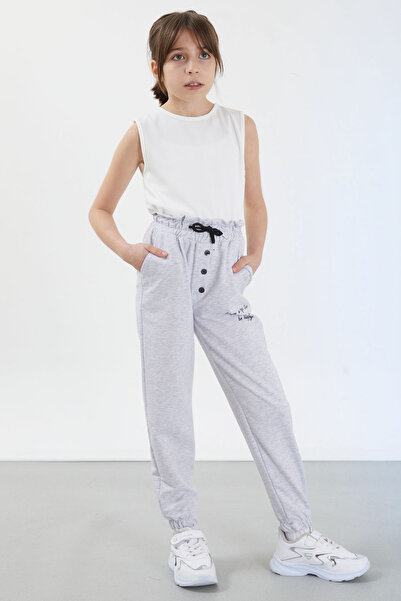 Cansın Mini Γκρι Have a Good Time Written Button Λεπτομερές κοριτσίστικο παντελόνι 17677