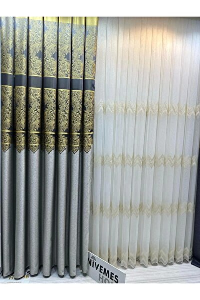 NİVEMESHOME Nivemeshome Milas Grey-Gold 671539   - 1/3 Close Pleated Backgrou...