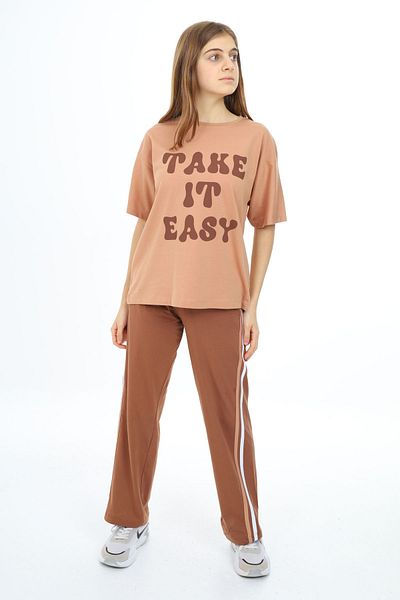 Cansın Mini Brown Text Printed Short Sleeve Girl's Suit 17952