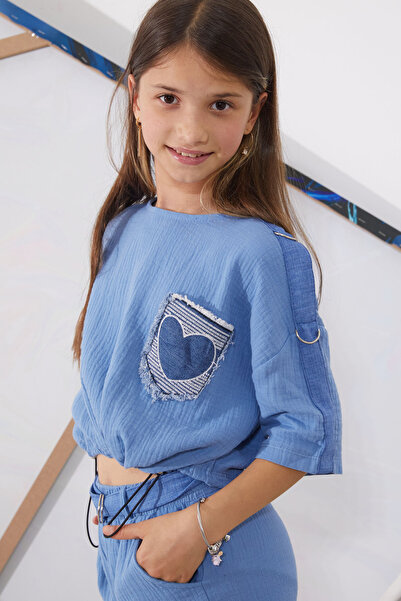 Cansın Mini Set decupat supradimensionat albastru pentru fetiță - brodat inimă, buzunar 18942